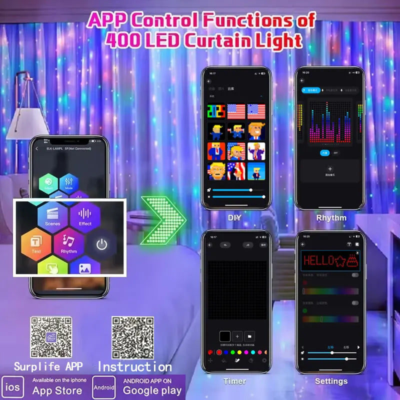 400 LED rideaux lumineux intelligents chaîne lumières avec App télécommande synchronisation de la musique rideau de noël chaîne lumières féeriques extérieures