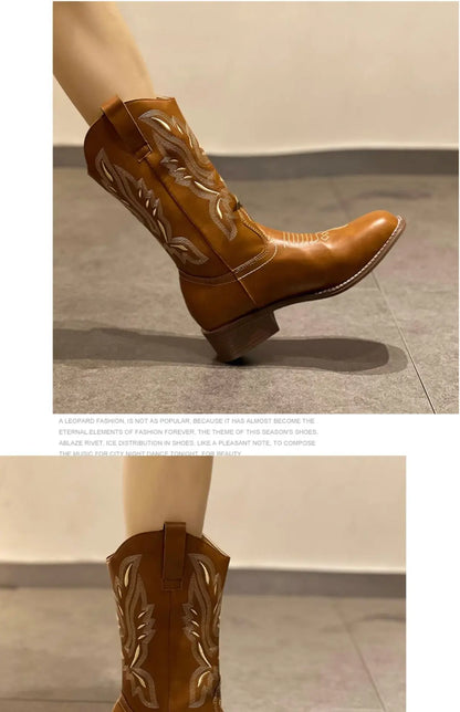 Versatile Western Cowboy Boots Summer Coarse Heel Embroidered Sleeve Knight Boots Mid Barrel Square Head Horseshoe Large