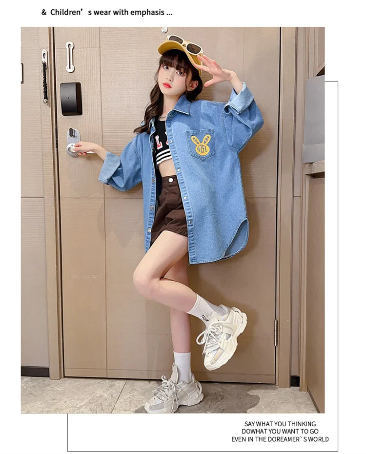Chemisiers en Denim de Cowgirl de haute couture avec imprimé de lapin pour adolescente, chemise en Denim ample et décontractée à manches longues pour enfants
