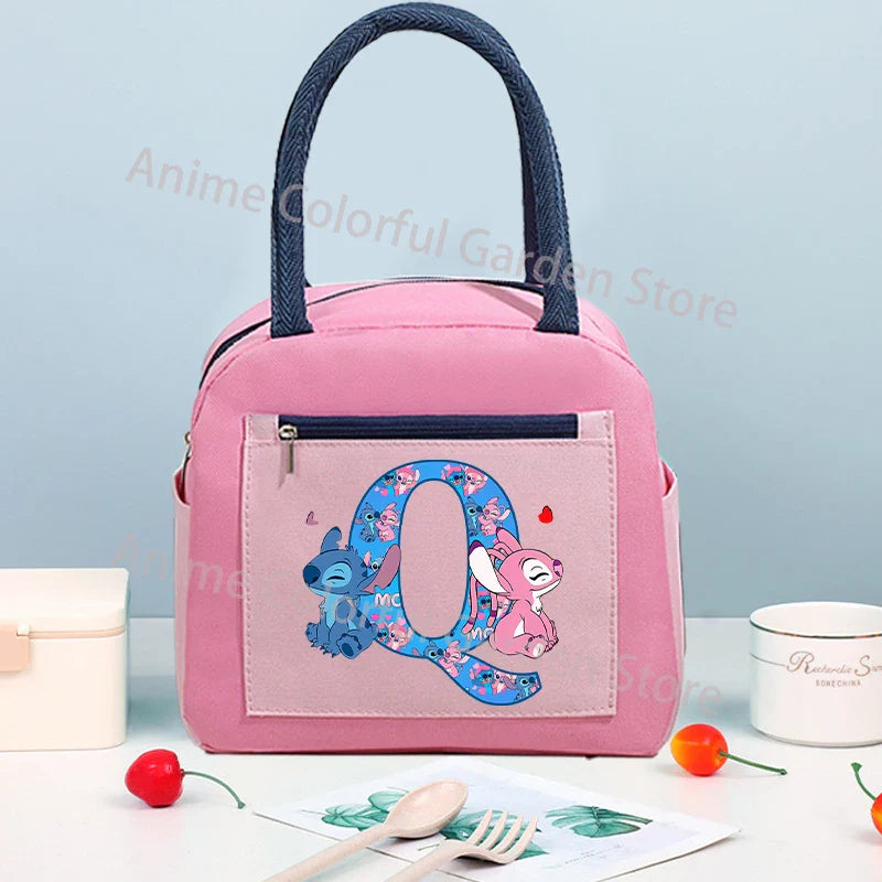 Anime Stitch High-capacity Lunch Bag Cartoon Letter A-Z Printed Insulated Box Picnic Portable Food Keep Fresh Handbag Bento Bags