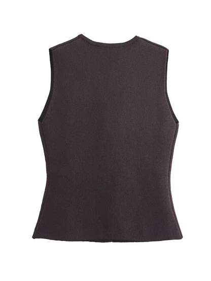 Zevity New Women Fashion V Neck Sleeveless Golden Buttons Knitted Vest Sweater Female Chic Solid Color Slim Cardigan Tops LS6273