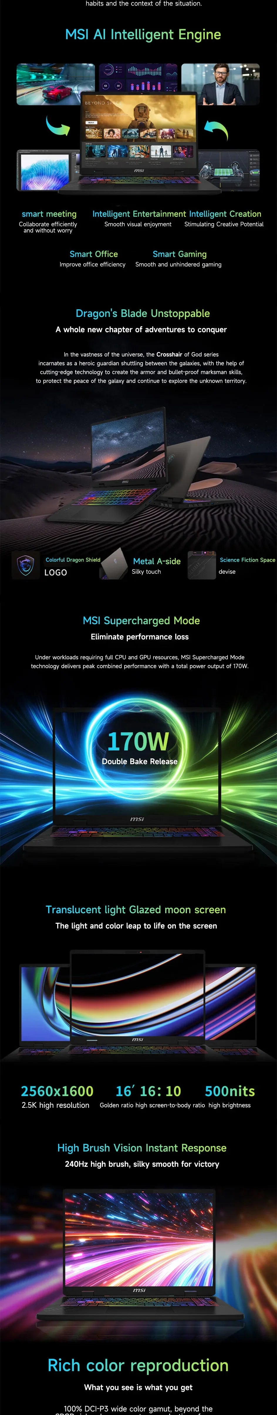 2025 MSI Crosshair 16 HX AI Gaming Laptop 16 Inch QHD 2.5K 240Hz IPS Screen Netbook Intel Ultra 9-275HX 32GB 2T RTX5060 Notebook