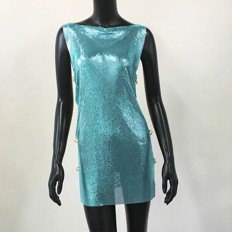Shiny Y2k Metallic Sequins Mini Dresses For Women Sleeveless Backless Sexy Low Cut See Through Sexy Solid Clubwear Party Dress