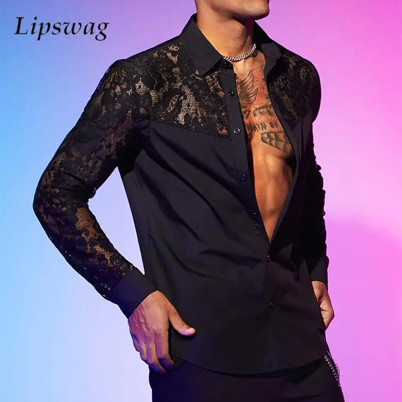 Chemise en dentelle brodée à manches longues pour hommes, cardigans à revers boutonnés, chemises transparentes sexy, mode printemps et automne