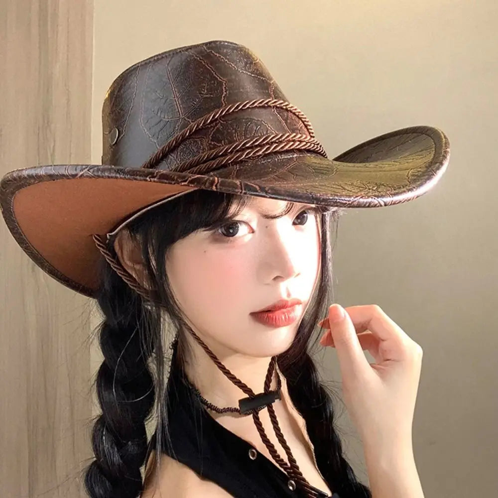 Chapeau de Cowboy occidental de Style ethnique Cool, chapeau de Jazz à large bord en rouleau, noir/marron, casquette à visière de couleur unie pour filles