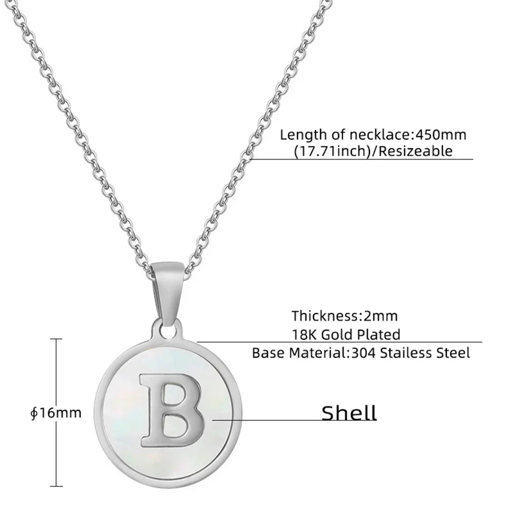 Collier en acier inoxydable de couleur acier avec lettre initiale A-Z, incrustation de coquillage naturel, pour femme, cadeau de Saint-Valentin