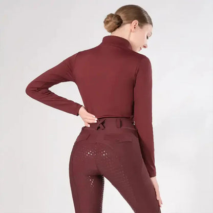 MXLLINA Tee-shirts d'équitation bordeaux femme hauts équestres doux à manches longues pour femme cavalière chemise de base vêtement