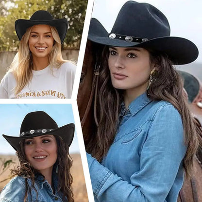 Chapeau de cowboy occidental classique noir confortable, à bord retroussé, avec boucle de ceinture, pour femme, Fedora, Sombrero, Jazz, Cowboy