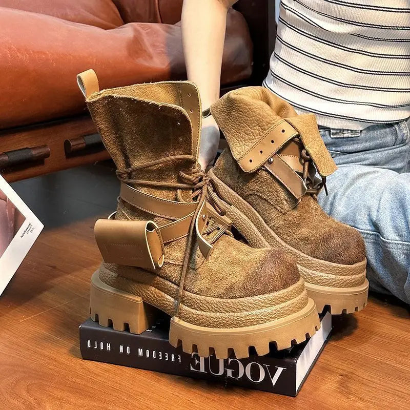 Bottes de Cowboy à grande tête en détresse, mode rétro, bottes de chevalier montantes de Style moto haut de gamme, bottes à semelles épaisses pour filles et femmes
