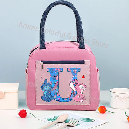 Anime Stitch High-capacity Lunch Bag Cartoon Letter A-Z Printed Insulated Box Picnic Portable Food Keep Fresh Handbag Bento Bags