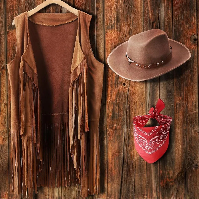 Women's Cowgirl Costume 3 Pcs Faux Suede Fringe Vest with Rivets Cowboy Hat Carnival Party Outfit Clubwear