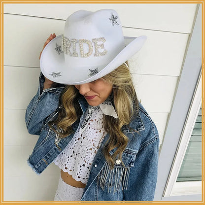 Chapeau de Cowboy blanc de mariée avec voile, perles et strass, chapeau de Cowgirl pour mariage, enterrement de vie de jeune fille, douche nuptiale, décoration, cadeau