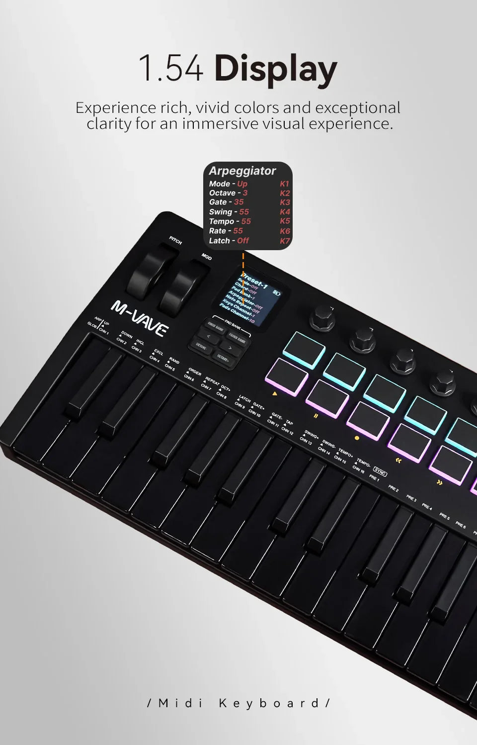 Clavier MIDI M-VAVE All Black PRO 37 touches, 16 tampons RGB, 4 faders, 8 encodeurs, moteur de synthétiseur FM DX-7 intégré, 5 couleurs en option