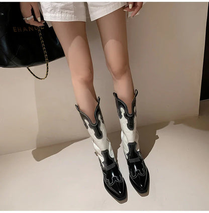 Bottes de cowboy Western Ods pour femmes en cuir véritable brodé, bout pointu, mi-mollet, style rétro, décontractées, de haute qualité