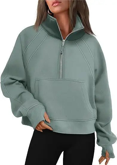 Sweat-shirt à col montant pour femme, sweat à capuche pour document solide, manches longues, poche adt, demi-fermeture éclair, pull sportif, haut streetwear, printemps, automne