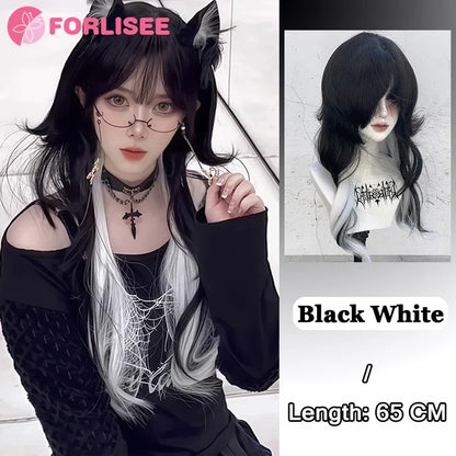 Pink Blonde Highlights Long Wavy Wig Synthetic Colorful Lolita Cosplay Hair Wigs with Bangs for Women Heat Resistant Daily Use