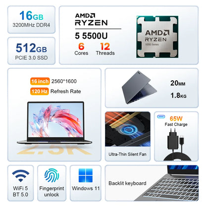 Ninkear A15 Pro Ordinateur portable 16" IPS 2.5K FHD AMD Ryzen5 5500U, 16G DDR4 3200Mhz+512GB, Batterie 54Wh, Windows11 PRO