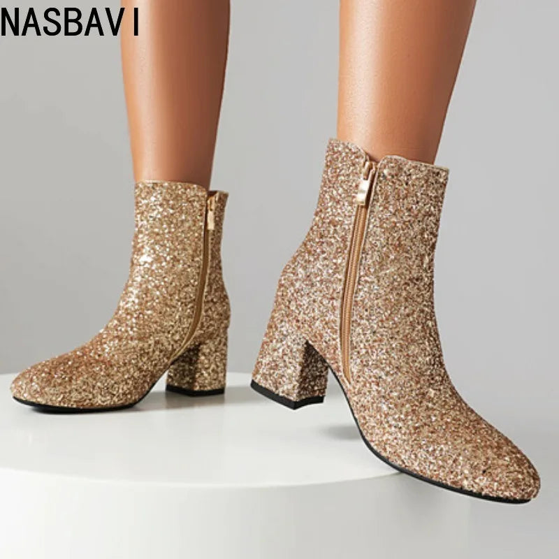 Luxury Women's Ankle Boots Gold Silver Black Short Boot Zipper Block Low Heels Dance Party Winter Shoes Lady Big Size 45 Brand