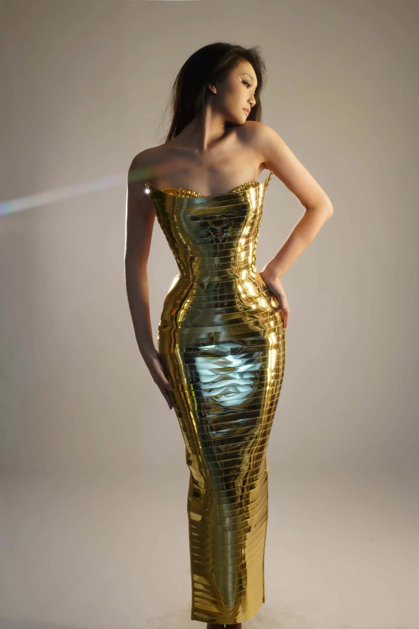 Women's QueParty Prom Dress, Upscale, Golden, Strapless, Sequined, Bar, Maxi, Sexy