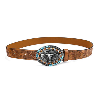 Western cowboy girl belt - Men's and women's turquoise embossed belt with long horn cow buckle suitable for 25-39