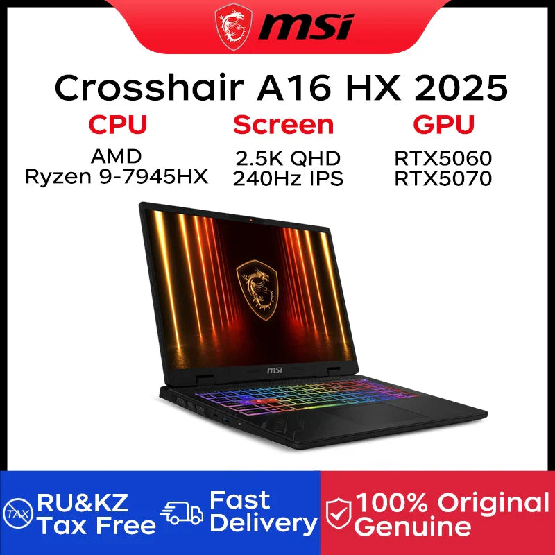 Ordinateur portable de jeu MSI Crosshair A16 HX 2025 – Écran IPS QHD 2.5K 240Hz de 16 pouces, Netbook AMD Ryzen R9-7945HX, 32 Go, 2 To, RTX5060