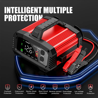 Portable 25A/15A Smart Car Battery Charger Car Booster Pulse Repair for 12V-24V Motorcycle Lead Acid AGM GEL LiFePo4 Batteries
