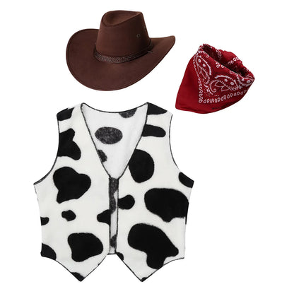 Wild West Cowboy and Cowgirl Costume, Halloween Outfit, Fringe Sleeveless Vest with Bandana and Hat