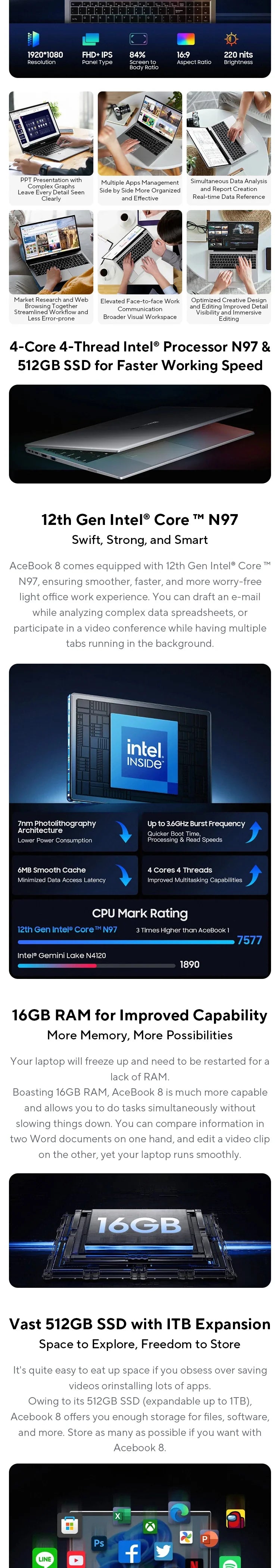 Blackview AceBook 8 Laptop 15.6" 12th Gen Intel Alder Lake N97 16GB RAM 512GB SSD + expansion up to 1TB Windows 11 Home 15.6"