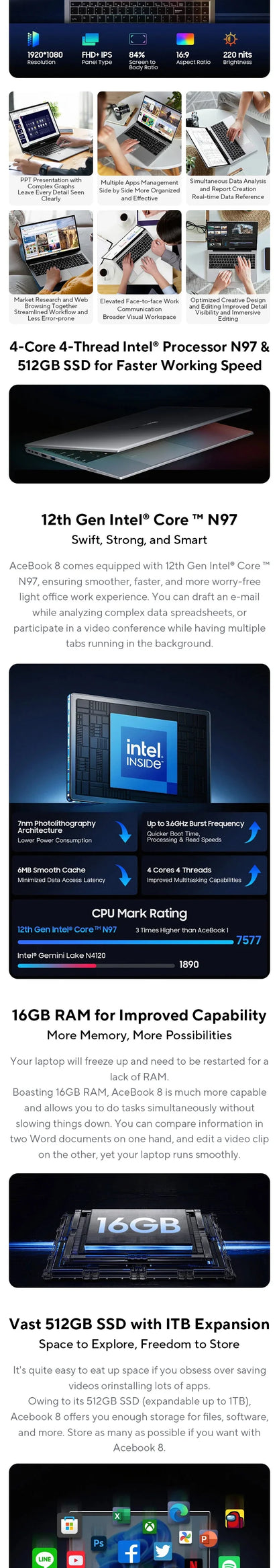 Blackview AceBook 8 Laptop 15.6" 12th Gen Intel Alder Lake N97 16GB RAM 512GB SSD + expansion up to 1TB Windows 11 Home 15.6"