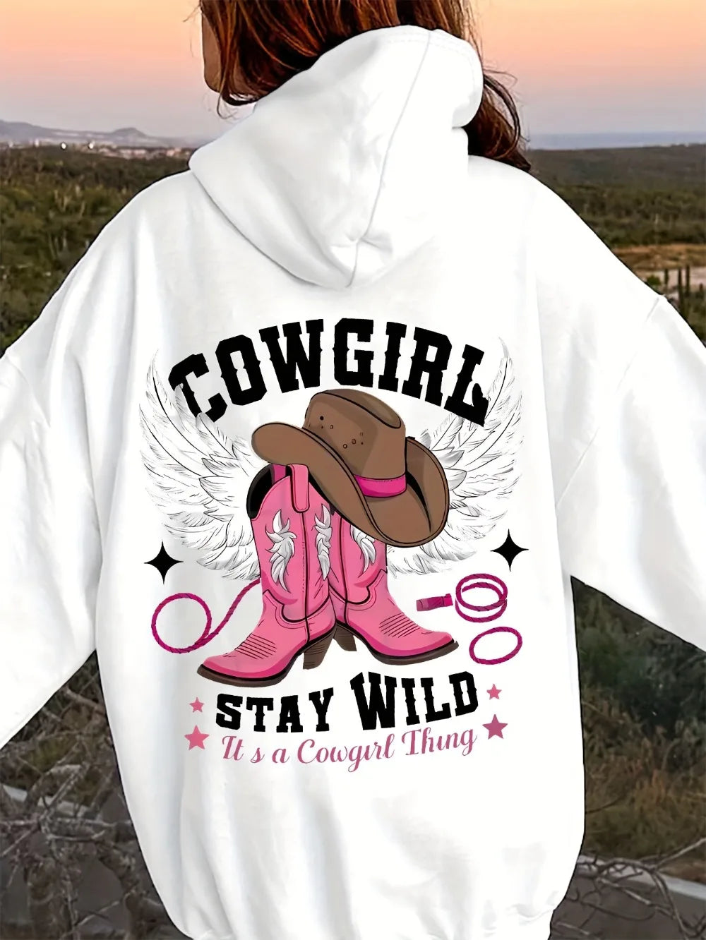 Sweat à capuche western chic pour femme – Pull doux et extensible à manches longues avec capuche brodée d'un chapeau et de bottes de cowboy