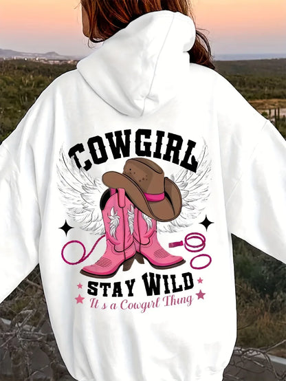 Sweat à capuche western chic pour femme – Pull doux et extensible à manches longues avec capuche brodée d'un chapeau et de bottes de cowboy