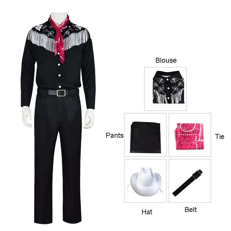 Costume de cowboy pour homme avec écharpe, chemise noire à franges à manches longues, pantalon et chapeau, idéal pour Halloween ou cosplay adulte