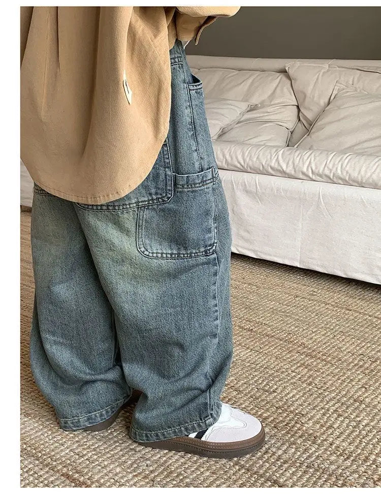 Korean Children's Denim Overalls Spring Autumn Casual Jeans Wide Denim Pants Wide Leg Jeans for Kids Loose Streetwear Trouser