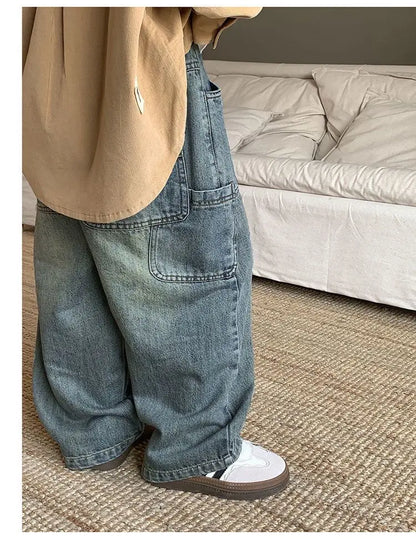 Salopette en jean coréenne pour enfants printemps automne décontractée, pantalon en jean large, jean large pour enfants, pantalon ample streetwear