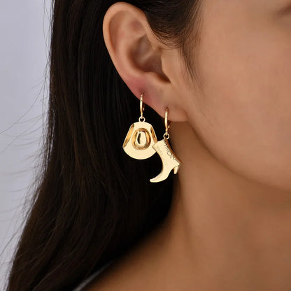 Boucles d'Oreilles Pendantes Asymétriques pour Cowgirl, Punk Goth Style, Cool Western Cowboy Hat Boot, Charms Or Plaqué Rock, Bijoux Accessoires