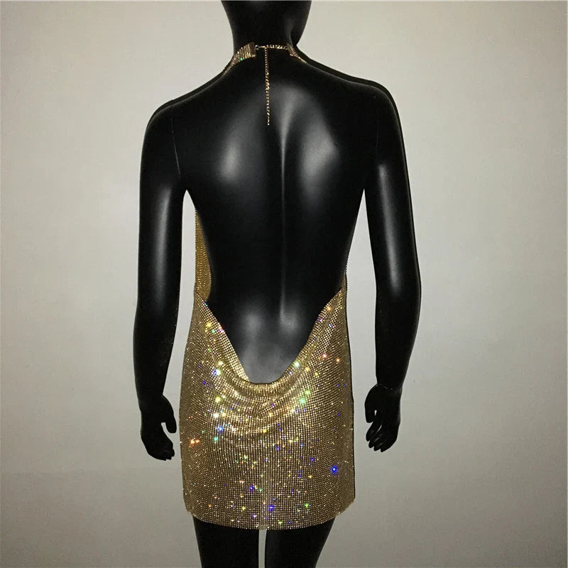 Robe de soirée sexy pour femme Bling Diamante, en cristal et strass, dos nu, pour festival, cocktail, soirée, rave.