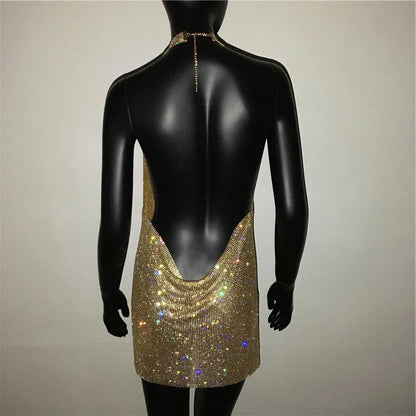 Robe de soirée sexy pour femme Bling Diamante, en cristal et strass, dos nu, pour festival, cocktail, soirée, rave.