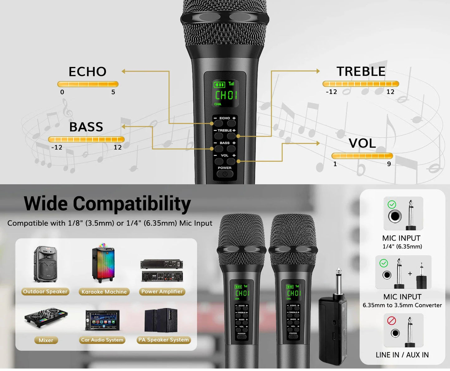 Heikuding Wireless Microphone UHF Dual Cordless Dynamic Mic System with Rechargeable Receiver for karaoke Singing Dj Microphone