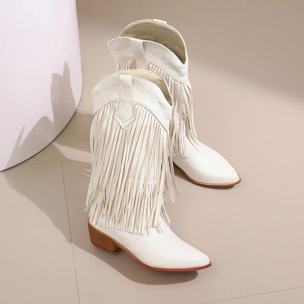 Bottes de cowboy pour femmes, brodées, à glands, talons épais, bout pointu, roses, de style western, bottes compensées sans lacets pour femme