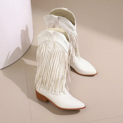 Bottes de cowboy pour femmes, brodées, à glands, talons épais, bout pointu, roses, de style western, bottes compensées sans lacets pour femme