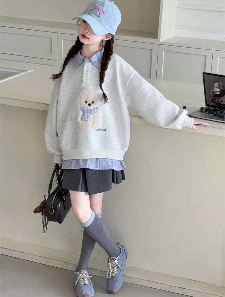 Sweat-shirt à capuche pour filles, Polo deux pièces en Faux, moyen-grand, coupe ample, haut de chiot de dessin animé, nouvelle collection printemps/automne 2025