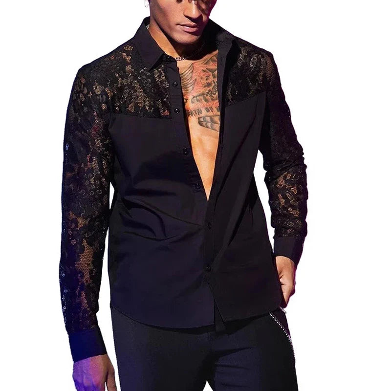 Chemise en dentelle brodée à manches longues pour hommes, cardigans à revers boutonnés, chemises transparentes sexy, mode printemps et automne