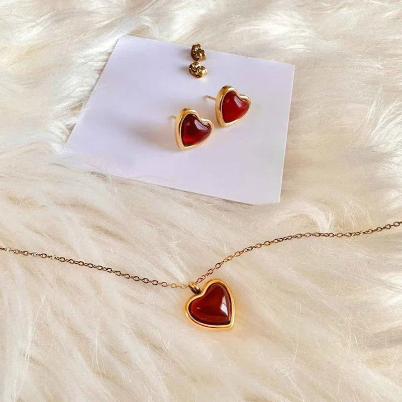 Boucles d'oreilles collier cornaline, collier en cristal coeur breloque en acier inoxydable cadeau de noël saint valentin pour sa femme petite amie