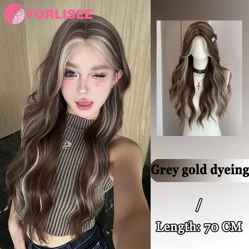 Pink Blonde Highlights Long Wavy Wig Synthetic Colorful Lolita Cosplay Hair Wigs with Bangs for Women Heat Resistant Daily Use