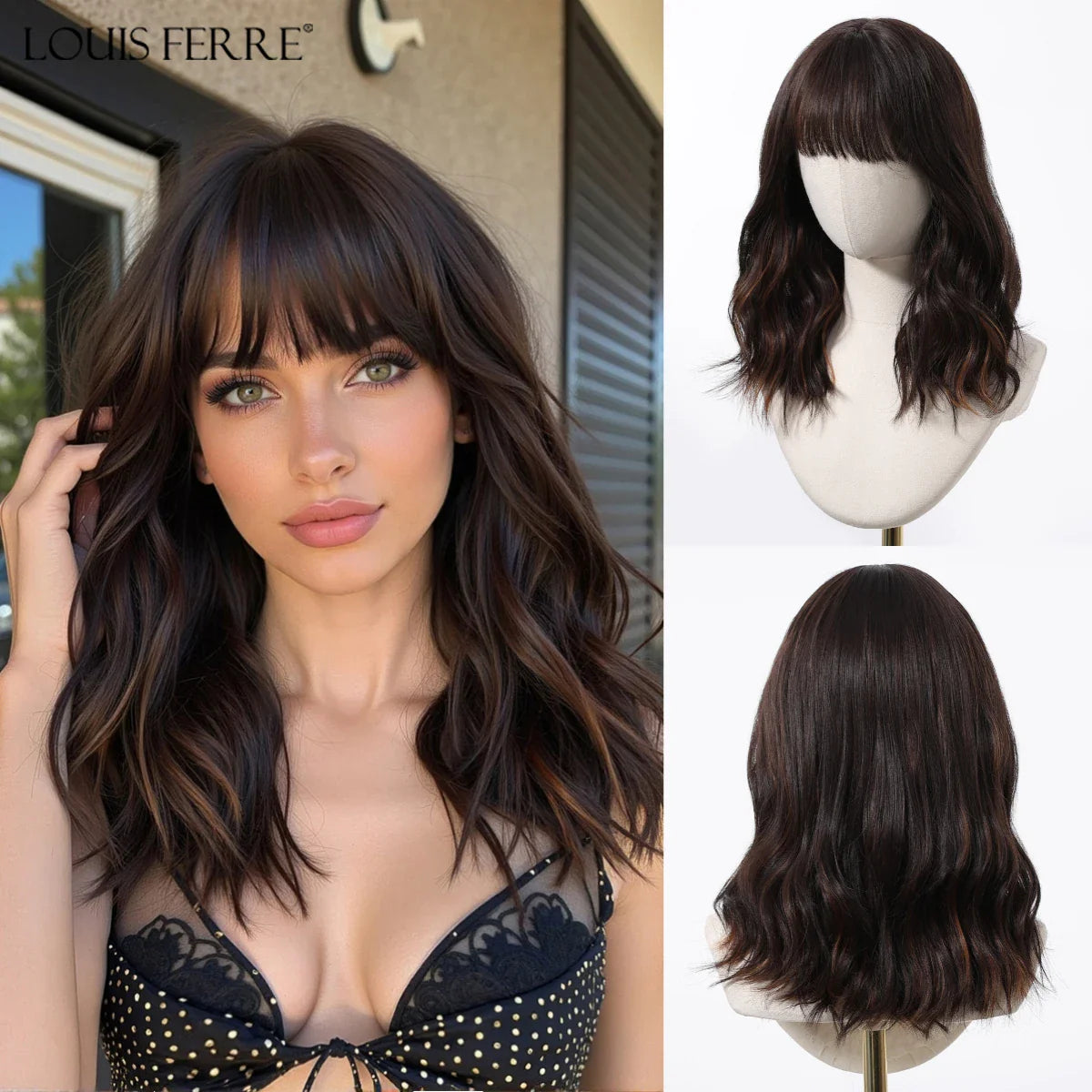 Brown Blonde Ombre Synthetic Wigs for Women Medium Length Wavy Layered Wigs With Side Bangs Daily Party Heat Resistant Fake Hair