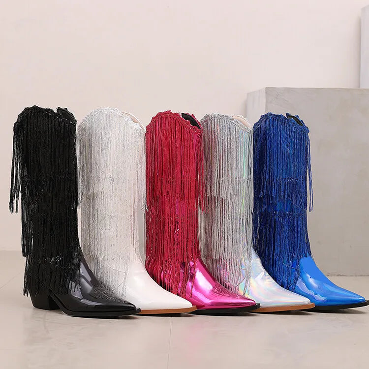 Bottes western à sequins et pompons, noires et argentées, courtes, en peluche, automne/hiver, talon de 6,5 cm, style bohème, hauteur genou, pointures 36 a 46.