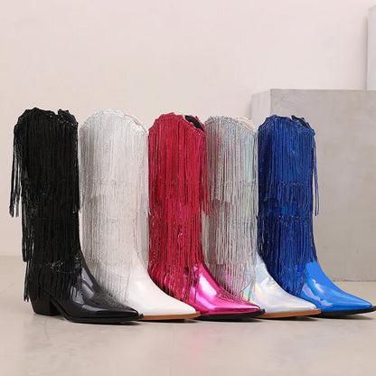 Bottes western à sequins et pompons, noires et argentées, courtes, en peluche, automne/hiver, talon de 6,5 cm, style bohème, hauteur genou, pointures 36 a 46.