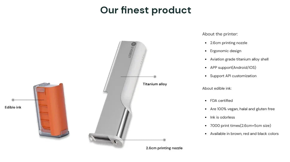 Evebot Food-grade Portable PrintPen Handheld Inkjet Printer Specifically for Food Surfaces Perfect for Coffee Macaron Cakes