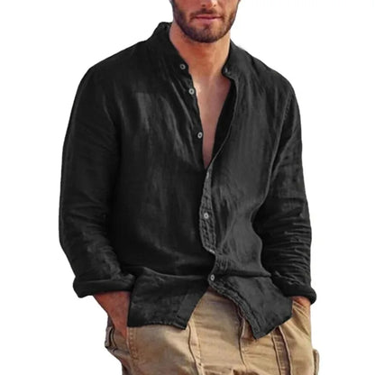 Sweat-shirt à manches longues pour hommes, chemise en lin de couleur unie, tendance, col montant, décontracté, léger, respirant, chemise hawaïenne