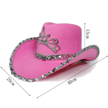 Chapeau de Cowboy Rose pour Femmes Filles Chapeau Western à Large Bord Chapeau à Paillettes Scintillantes pour Spectacle Costume de Cowgirl pour Fête de Mariage